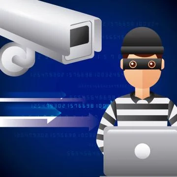 Thief hacking in laptop cyber data camera Stock Illustration