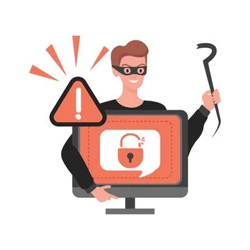 Thief hacking personal data in computer vector flat illustration. Cyber security Illustrazione stock