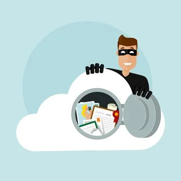 A thief hacks into cloud storage with important documents and photos. Stock Illustration