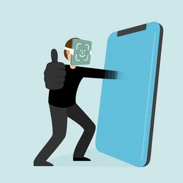 The thief hacks the face id and gets into phone. Face Id is hacked. Stock Illustration