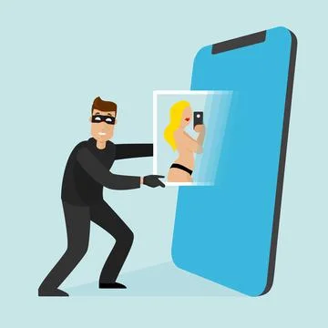 The thief hacks into the phone and pulls out personal data and photos. Stock Illustration