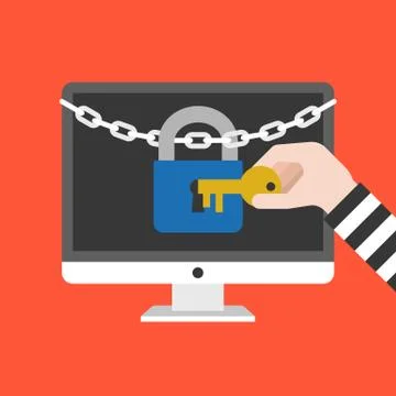 Thief hand holding key to open lock and chain on computer screen Illustrazione stock
