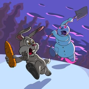 Thief Hare Snowman is trying to catch a hare who stole his carrot Copyrigh... Stock Photos
