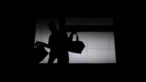 Thief leaving burgled flat with two money bags, planned theft, silhouette Stock Footage 98966560