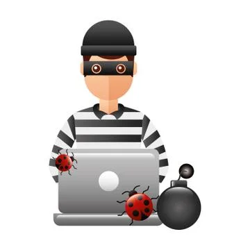 Thief man with laptop computer and icons Stock Illustration