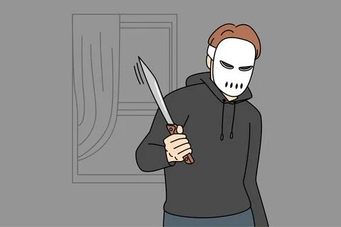 Thief in mask with knife at robbery Stock Illustration