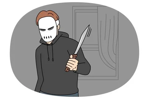 Thief in mask with knife at robbery Stock Illustration