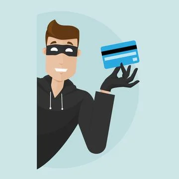 The thief peeks around the corner and holds a stolen credit card in his hand. Stock Illustration