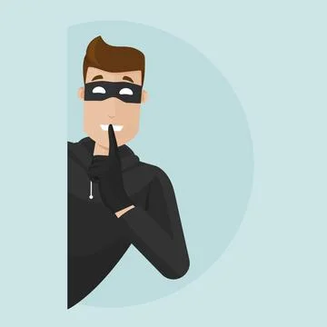 The thief peeks out from around the corner. He holds his finger to his mouth  Stock Illustration