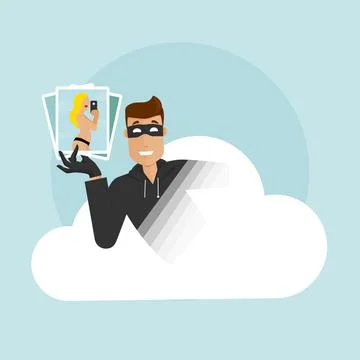 The thief peeks out of the compromised cloud storage, holding personal data a Stock Illustration