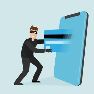 A thief pulls a credit card out of a cell phone. Modern vector illustration i Stock Illustration