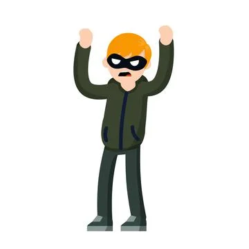 Thief raised hands. Man in black robber mask. Cartoon flat illustration. Stock Illustration