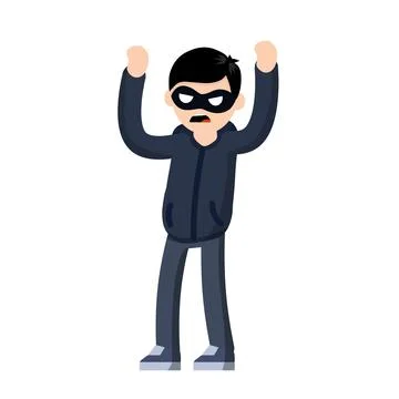 Thief raised hands. Man in black robber mask. Stock Illustration