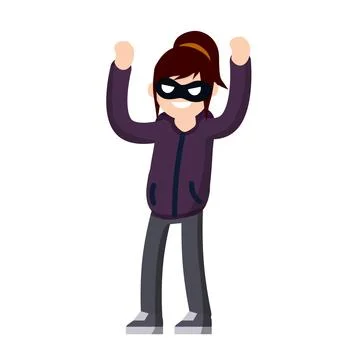 Thief raised hands. Man in black robber mask Stock Illustration