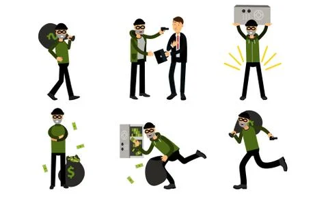 A thief is robbing a businessman with a briefcase. Vector Illustration Set Of 스톡 일러스트