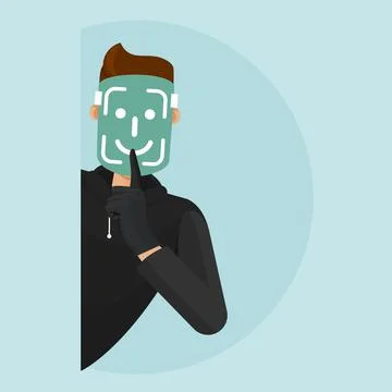 The thief steals the face id and gains access to the phone, computer. Illustrazione stock