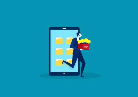 Thief steals holding box with idea bulbs from mobile. Stock Illustration