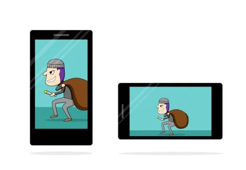 Thief in tablet and smartphone screen on white Stock Illustration