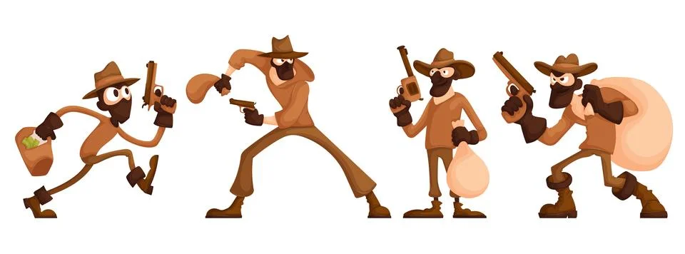 Thieves cartoon characters set. A robber in a mask and with a gun is holding  Stock Illustration