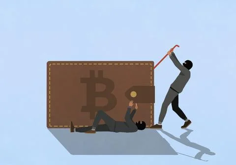 Thieves with crowbar trying to break into large Bitcoin wallet against blue Stock Illustration