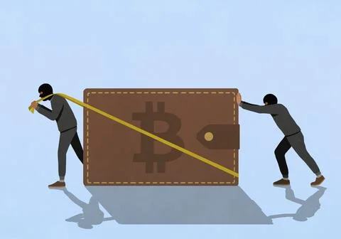 Thieves stealing large Bitcoin wallet against blue background Stock Illustration