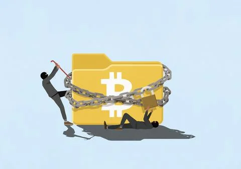 Thieves trying to break into padlocked digital Bitcoin file against blue Stock Illustration