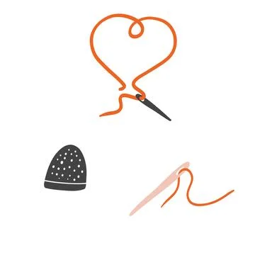 Thimble and needles in hand drawn style. Flat vector illustration of needlewo Stock Illustration