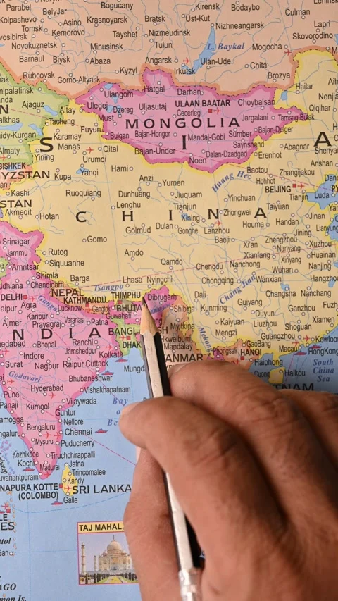 Thimphu Bhutan highlighted on world map with pencil pointing Stock Footage 329341816