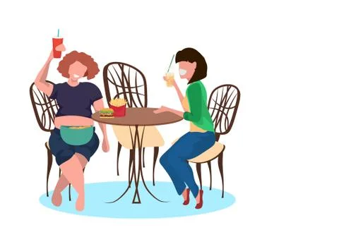 Thin and fat women drinking juice and eating fast food during meeting unhealthy Stock Illustration