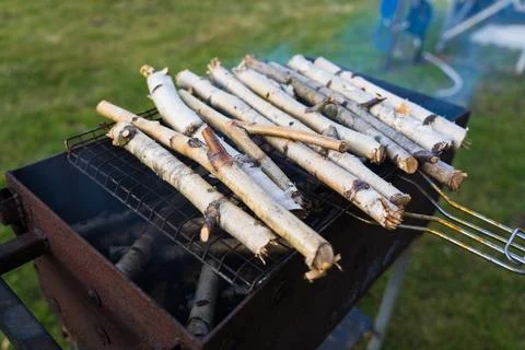 Thin birch twigs are lying on the grill. firewood is lying on the grill Stock Photos