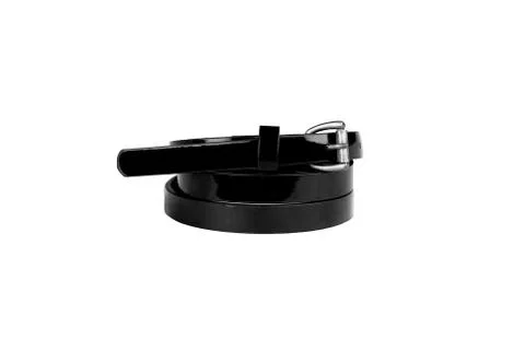 Thin black from artificial leather and steel belt on white background isolate Stock Photos