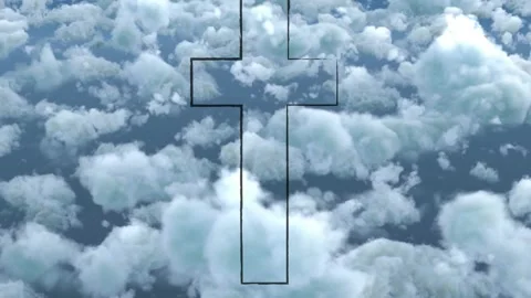 Thin black Latin cross outline staying fixed while drifting cumulus clouds Stock Footage 321162089