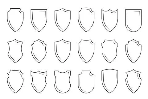 Thin black line shields of different shapes set, abstract internet safety linear Stock Illustration