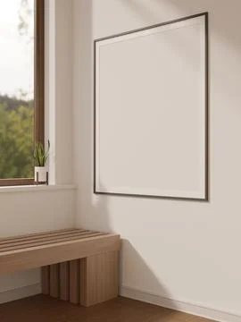 Thin black photo poster frame hanging on white wall over wooden bench by wi.. Ilustração Stock
