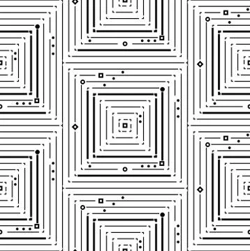 Thin black square with small circles, rhombuses seamless pattern. Geometry Illustrazione stock