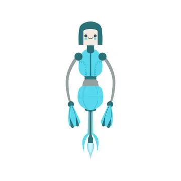 Thin Blue Floating Mid Air Friendly Android Robot Character Vector Cartoon Stock Illustration
