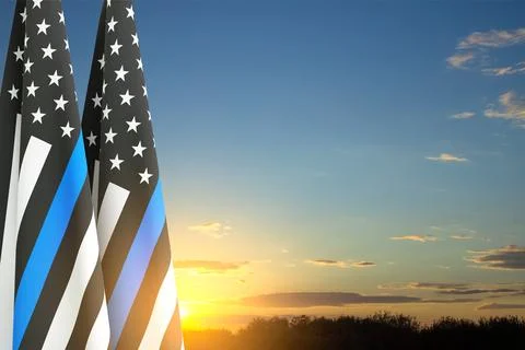 Thin Blue Line. American flag with police blue line on a background of sunset Stock Illustration