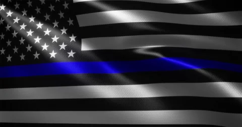 Thin Blue Line Flag, United States of America flag with waving folds, close up Stock Footage 159695280