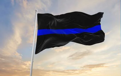 Thin Blue Line flag waving at cloudy sky background on sunset, panoramic view Stock Illustration