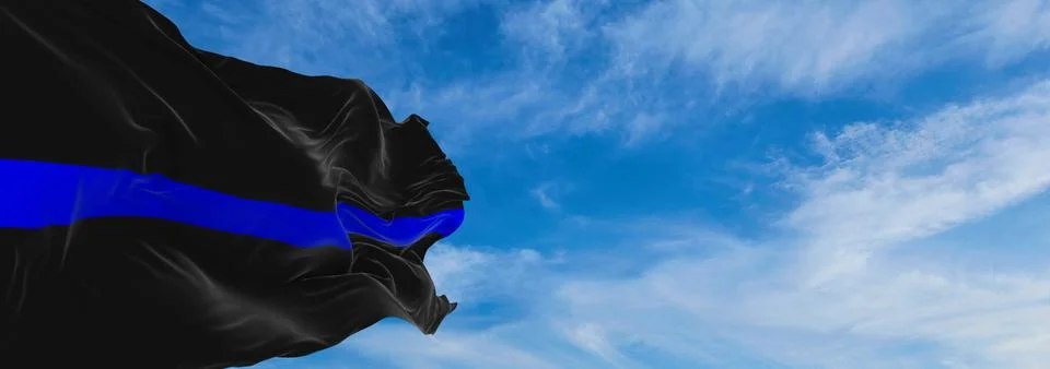 Thin Blue Line flag waving at cloudy sky background on sunset, panoramic view Stock Illustration