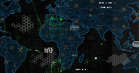 Thin blue map fading over rack, overlay animating markers, hexes, lines linking, Stock Footage 320652061