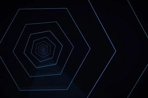 Thin blue outlines of nested irregular polygons recede toward a small centr.. Illustration