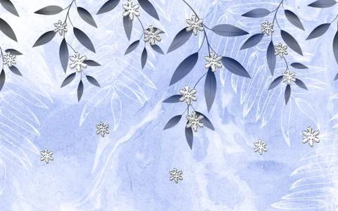 Thin branches with leaves on a blue background, large silver snowflakes Stock Illustration