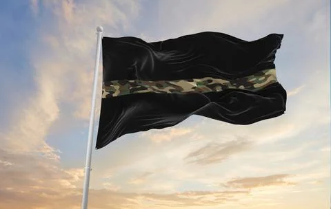 Thin Camo Line flag waving at cloudy sky background on sunset, Military Perso Stock Illustration