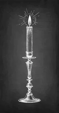 Thin candle burning in a candlestick. Stock Illustration