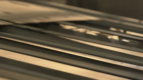 Thin cardboard sheets move along conveyor to packaging hall Stock Footage 295152005