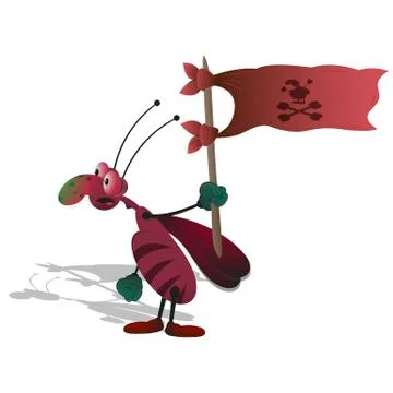 A thin cartoon striped cockroach with bulging eyes holds a red developing fla Stock Illustration