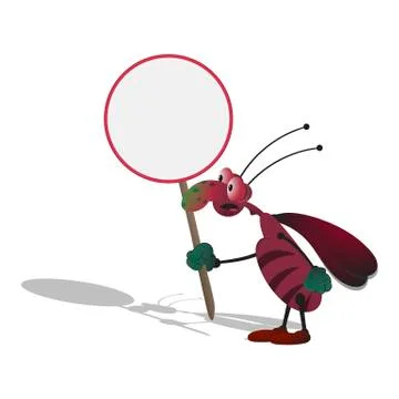 A thin cartoon striped cockroach with bulging eyes holds a round empty sign i Stock Illustration
