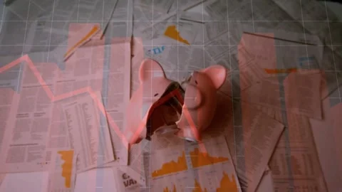 Thin center crack appearing, pink piggy bank splitting open and spilling coins Stock Footage 329611161