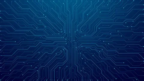 Thin circuit trace lines in blue on a dark technology background. Stock Illustration